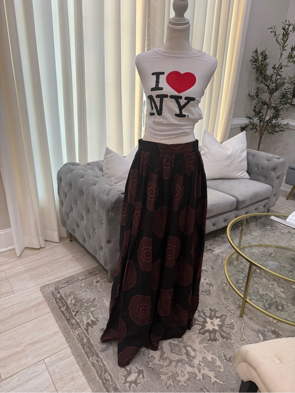 Flowing Black Maxi Skirt with Burgundy Floral Print